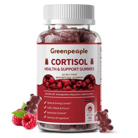 GREENPEOPLE Cortisol Gummies Raspberry bottle showing convenient daily support