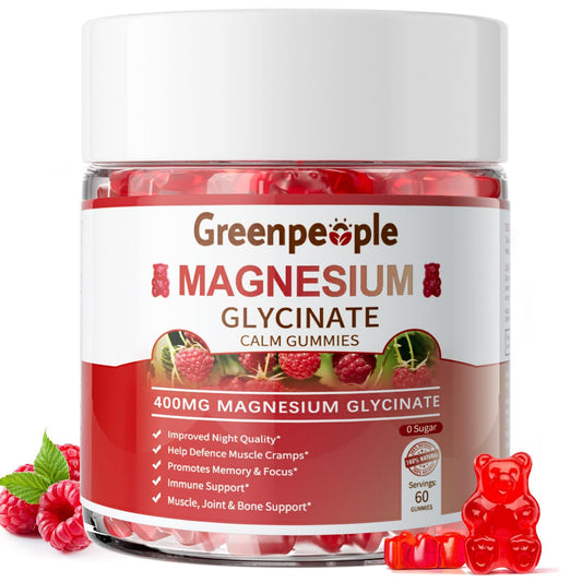 GREENPEOPLE magnesium glycinate gummies raspberry bottle promotes calm support and sleep.
