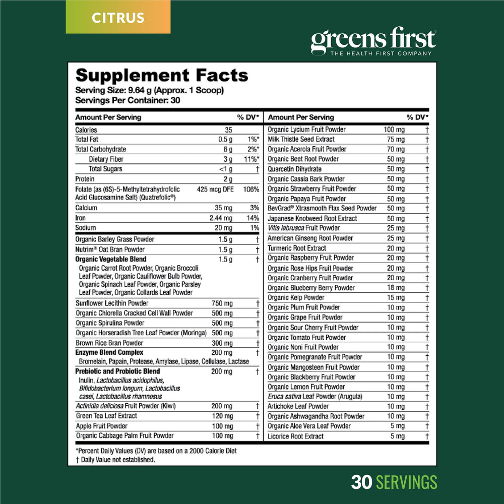 Greens First citrus flavor smoothie on a glass, refreshing antioxidant boost