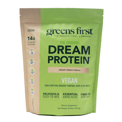 Greens First Dream Protein in creamy French vanilla tub for plant-based nutrition
