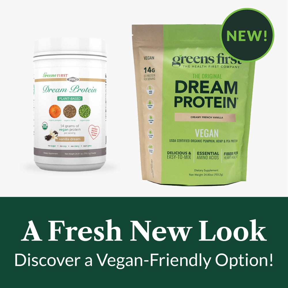 Greens First Dream Protein gluten-free and non-GMO label for mindful eaters
