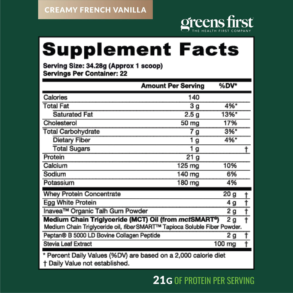 Greens First Dream Protein Powder box label emphasizes prebiotic fiber and gluten-free formula.