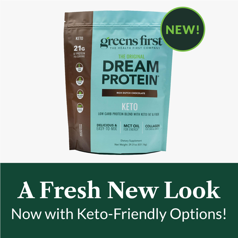 Greens First Dream Protein Powder Keto MCT oil bottle emphasizes energy-friendly fats