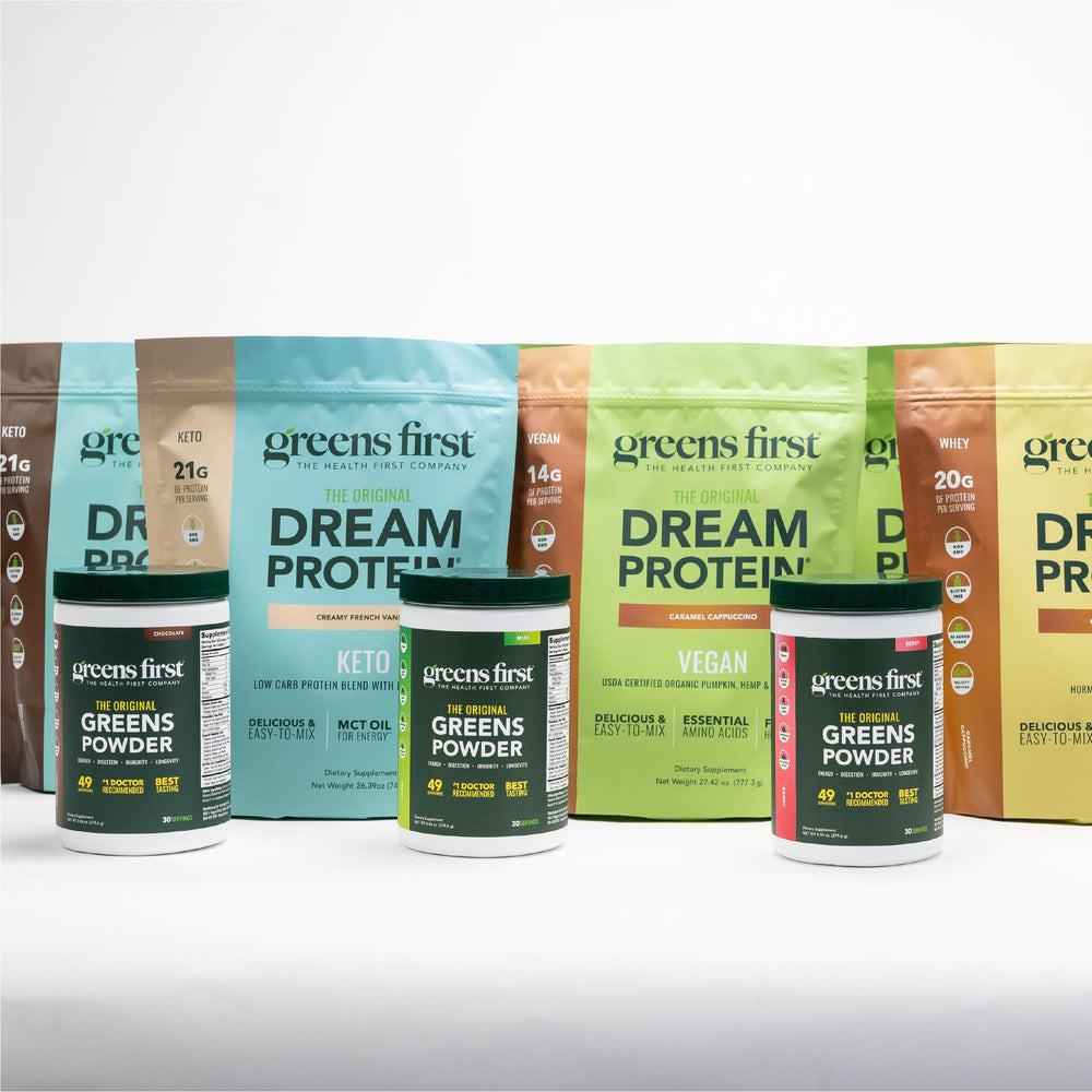 Greens First Dream Protein Powder Keto nutrition label highlights ingredients and allergens