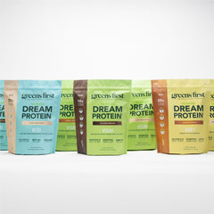 Greens First Dream Protein Powder pour with MCT oil hints at fast-acting energy.