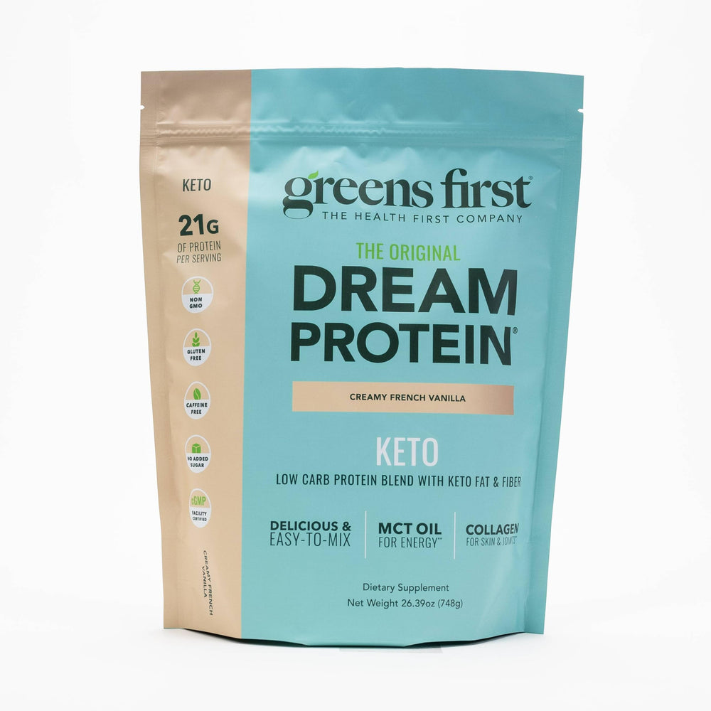 Greens First Dream Protein Powder tub front highlights creamy French vanilla for keto-friendly shakes.