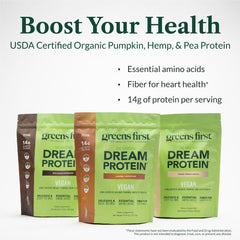 Greens First Dream Protein scoop dispensing demonstrates easy to measure servings
