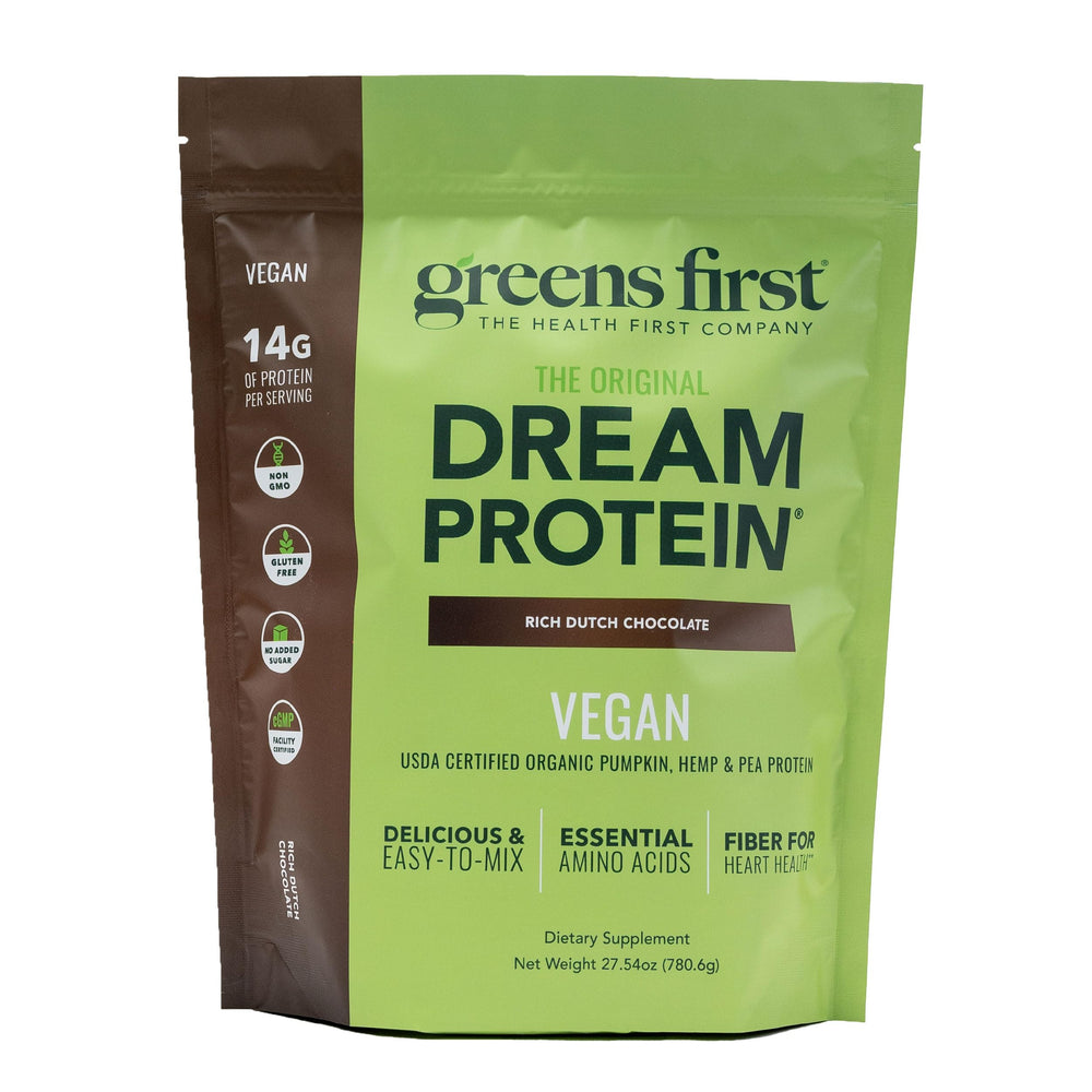 Greens First Dream Protein tub front shows rich Dutch Chocolate flavor for a plant-based shake