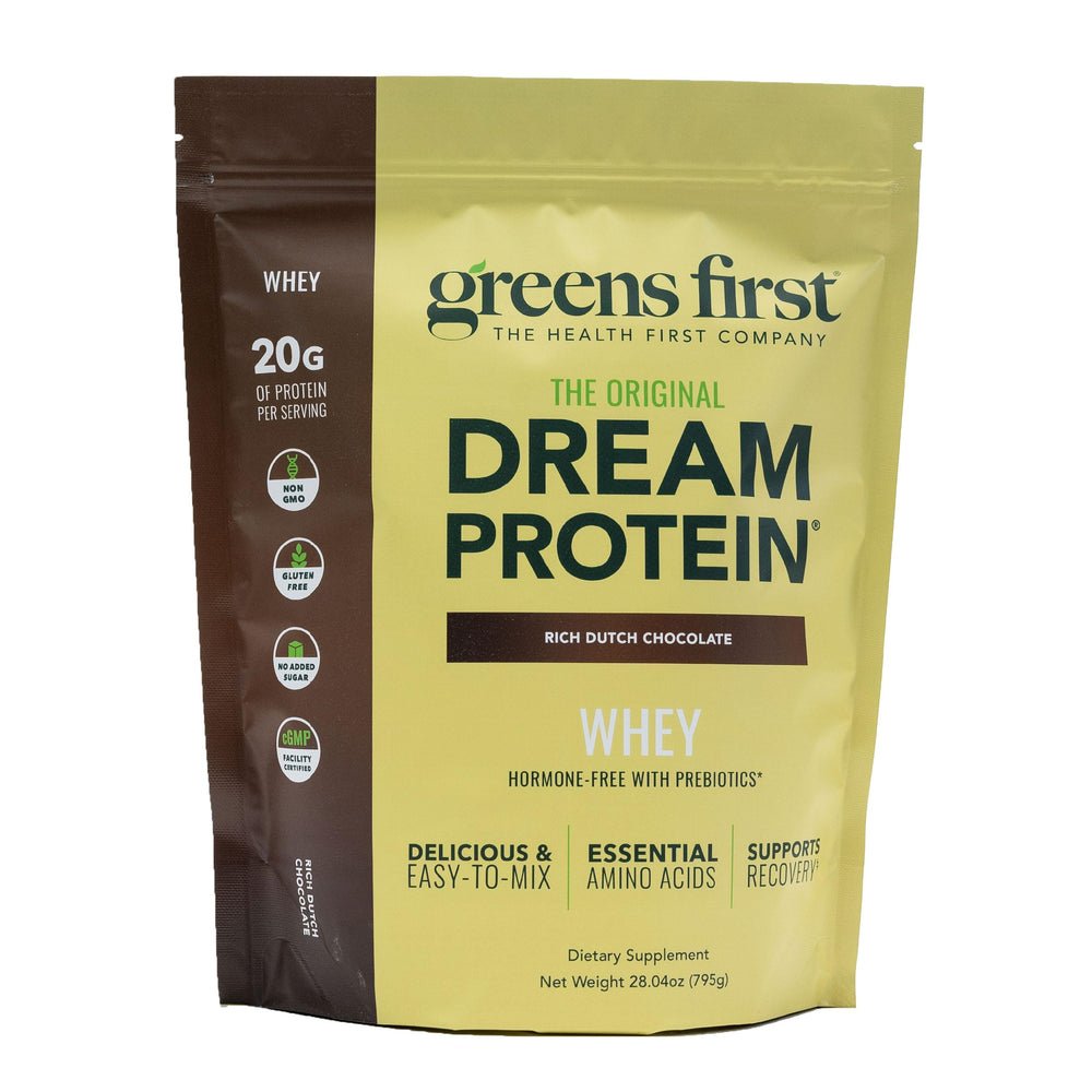 Greens First Dream Protein Whey bottle shows hormone-free formula for active lifestyles.