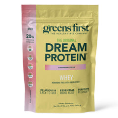 Greens First Dream Protein Whey front bottle highlighting hormone-free formula and 20g protein per serving
