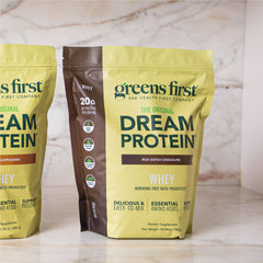 Greens First Dream Protein Whey ingredients panel shows clean, trusted components.