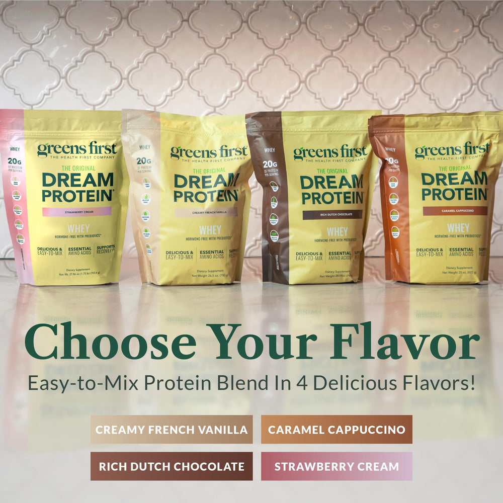 Greens First Dream Protein Whey label shows soluble fiber for digestion support