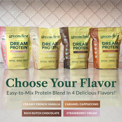 Greens First Dream Protein Whey label shows soluble fiber for digestion support