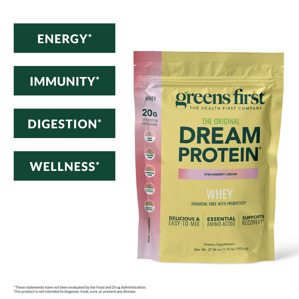 Greens First Dream Protein Whey being poured into a glass with creamy flavor
