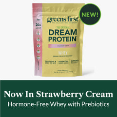 Greens First Dream Protein Whey strawberry-cream flavor close-up jar and scoop
