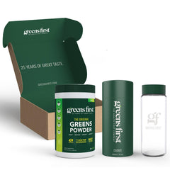 Greens First 25th anniversary gift set with glass carafe for easy hydration