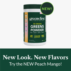 Greens First label features dairy-free and vegan certification for clean nutrition.