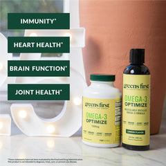 Close-up of Greens First Omega-3 Optimize softgels highlighting EPA/DHA potency.