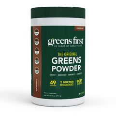 Greens First Original Greens Powder container with 49 superfoods for daily nutrition.