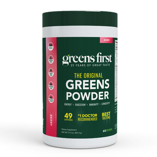 Greens First Original Greens Powder Berry tub front; convenient daily nutrition.
