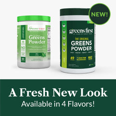 Greens First Original Greens Powder mint packaging emphasizing dairy-free nutrition.