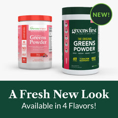 Mixed berry Greens First smoothie; vibrant color and balanced flavor.