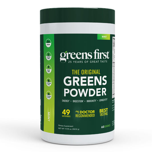Greens First Original Greens Powder tub showing 49 superfoods for daily nutrition.