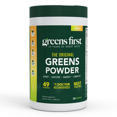 Greens First Original powder canister showcasing 49 superfoods for daily antioxidant support