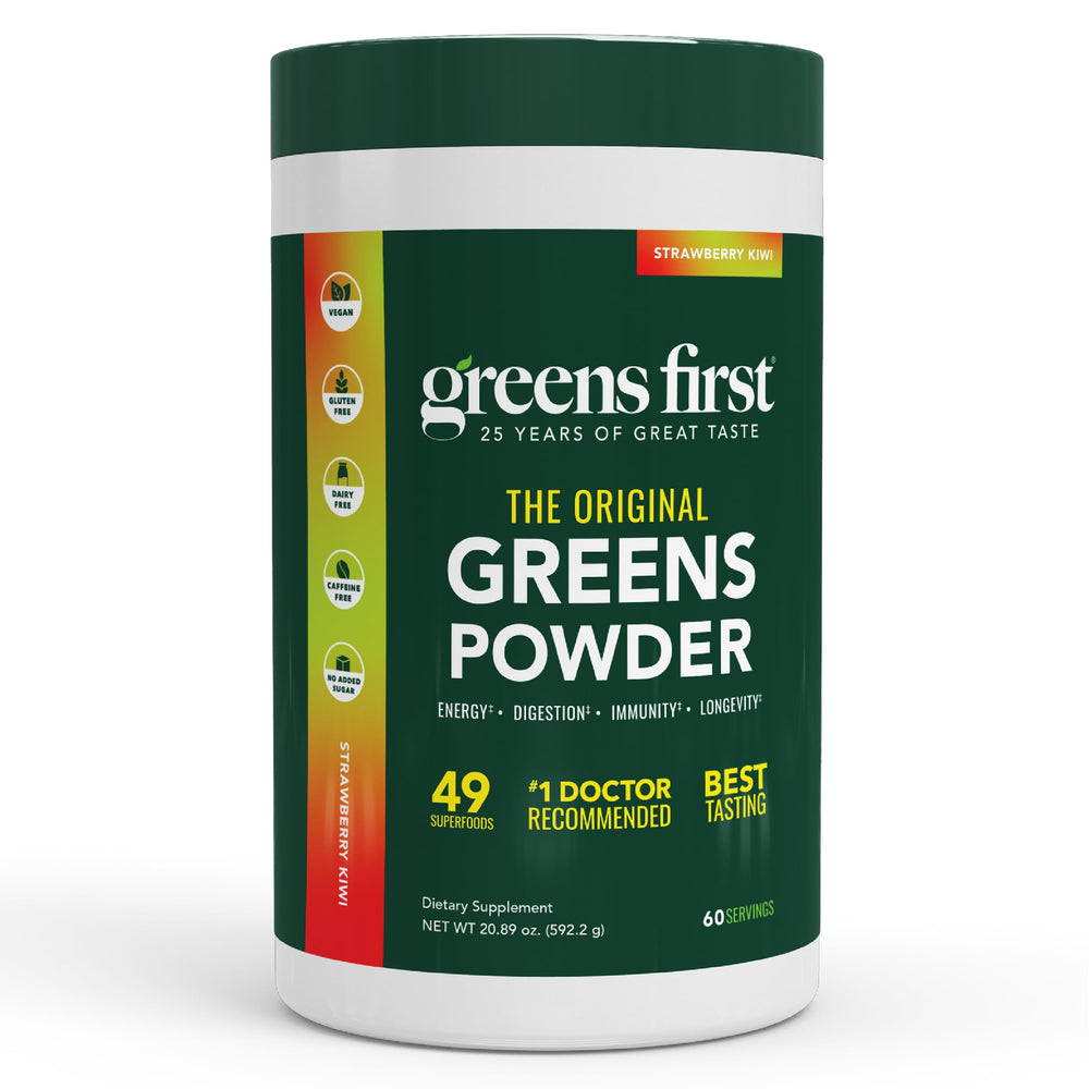 Greens First Original powder tub front view highlighting easy daily nutrition