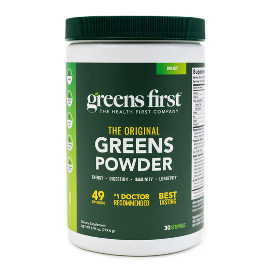 Greens First Original mint powder tub for daily nutrition.