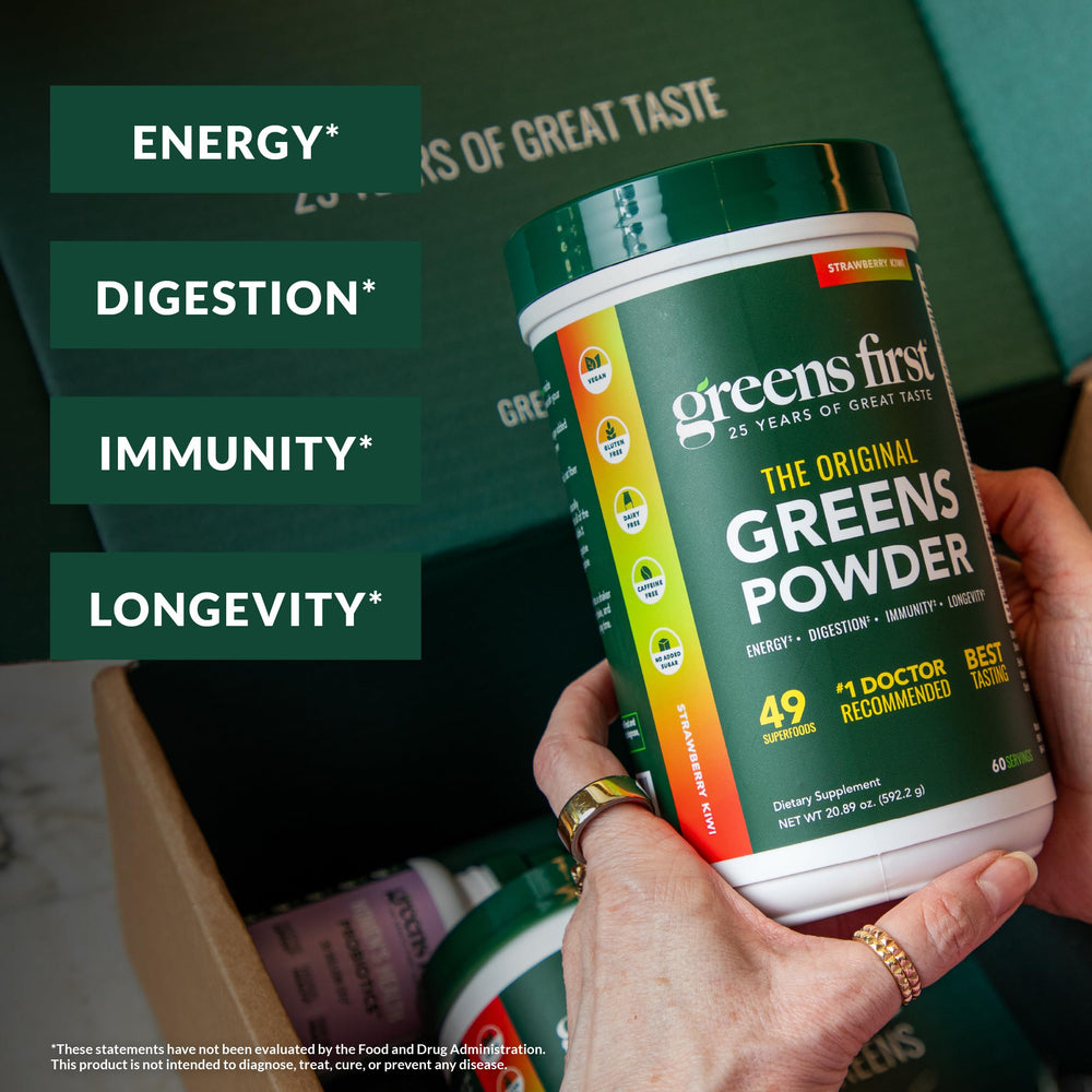 Greens First Original strawberry-kiwi shake glass showcases tasty, convenient smoothie option