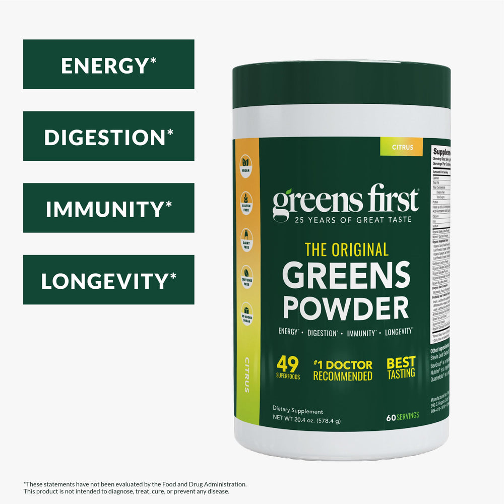 Scoop dispensing Greens First powder for convenient daily nourishment