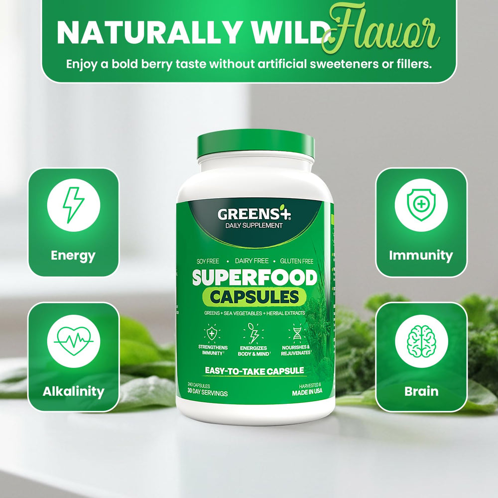 Greens+ 100% natural US-grown ingredients shown for quality