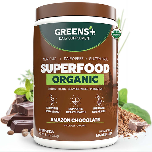 Greens+ Amazon Chocolate tub front with organic vegan formula