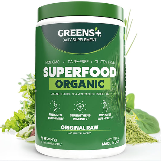 Greens+ Organic RAW Superfood Powder tub highlighting daily nutrition.