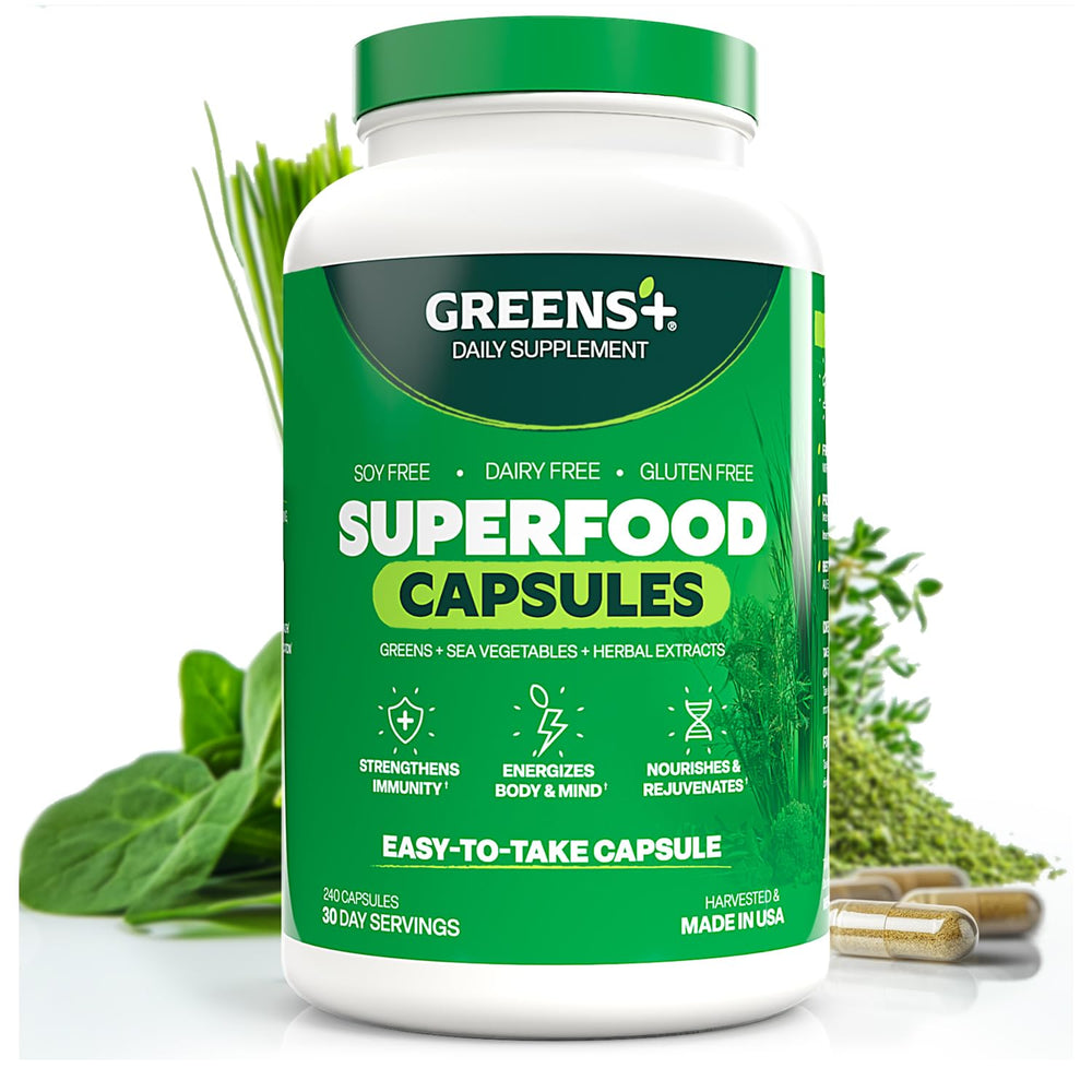 Greens+ Organic Superfood Capsules bottle shown for convenient daily wellness use
