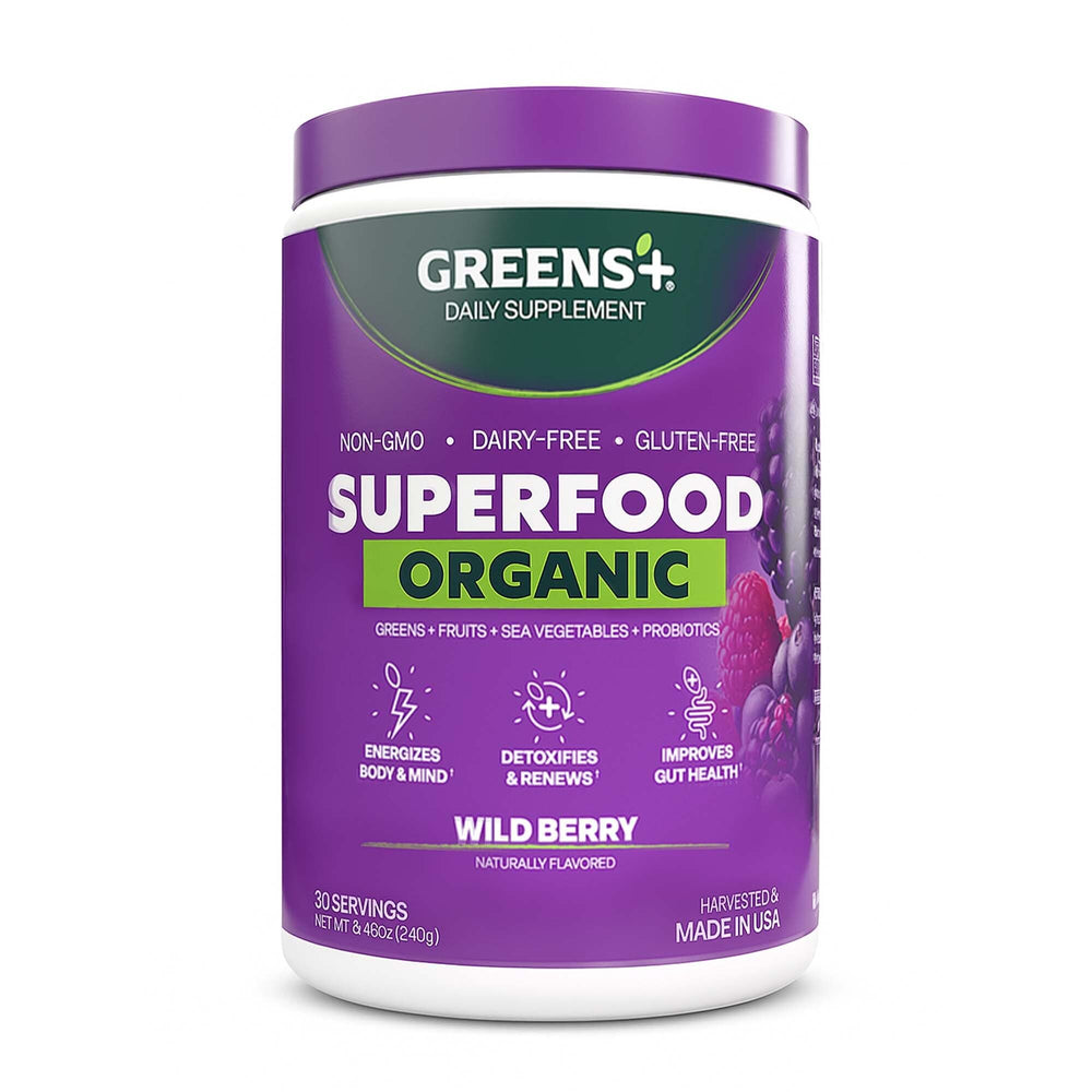 Greens+ organic wild berry powder front-pack highlights premium ingredients for daily vitality
