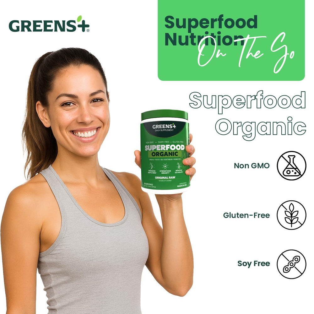Greens+ premium ingredients label shows USA-sourced gluten-free blend.