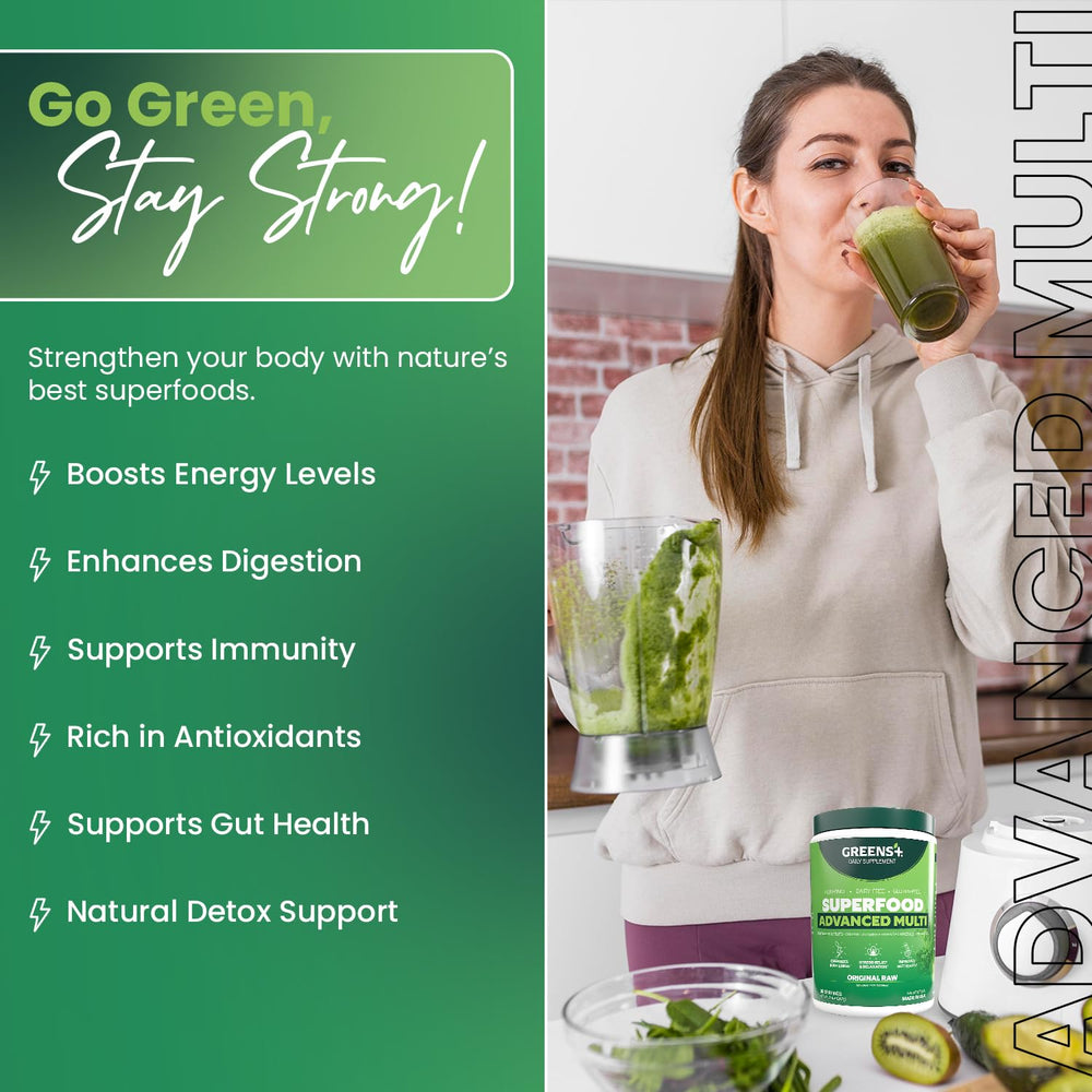 Close look at Greens+ Advanced Multi Raw Superfood ingredients blend