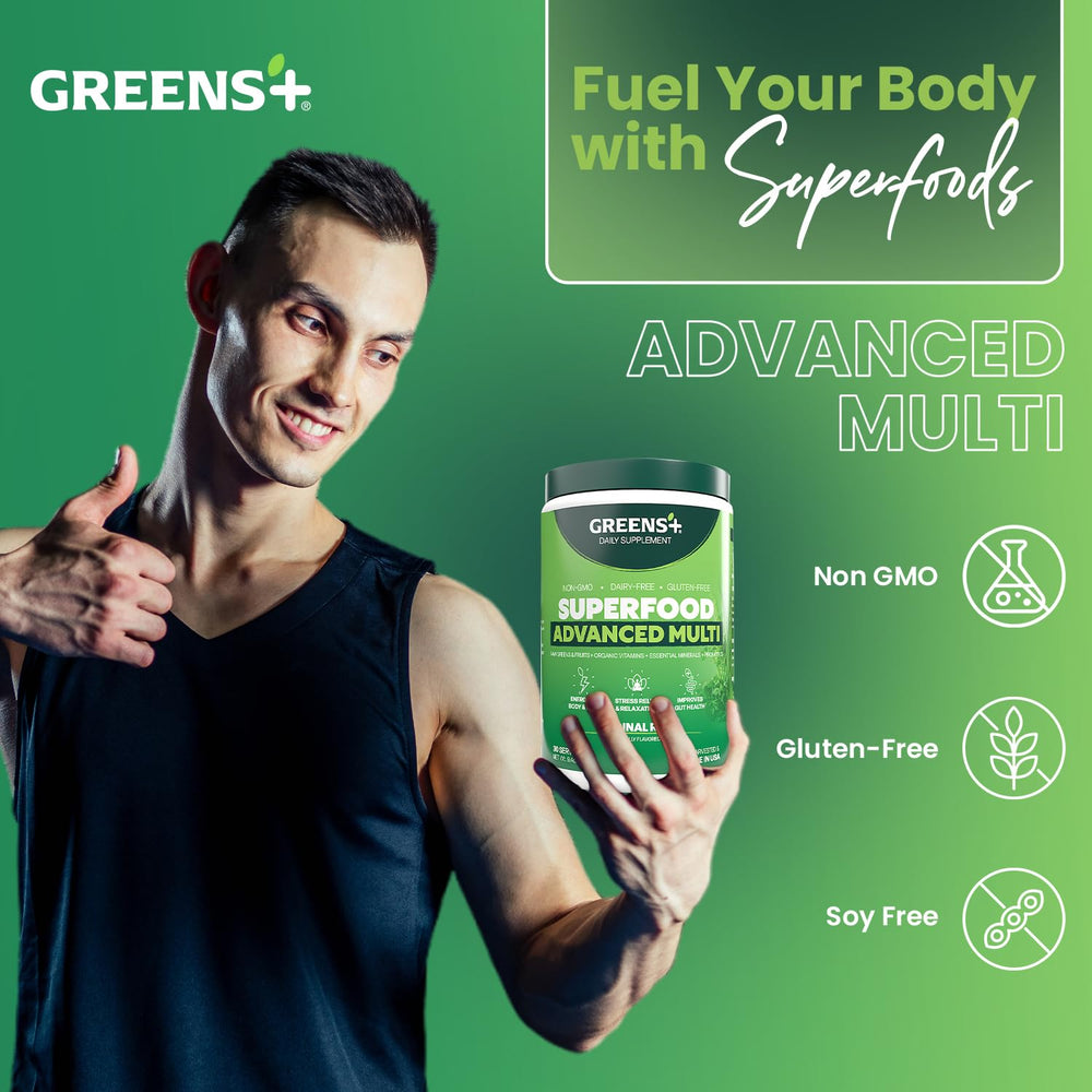 Greens+ Advanced Multi Raw Superfood smoothie with vibrant greens and fruit