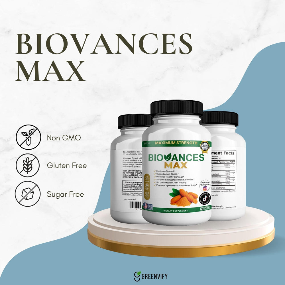 GREENVIFY Bioances Max bottle pour shows easy capsule intake for daily use.