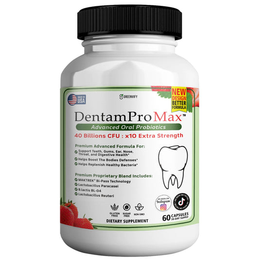 GREENVIFY DentamPro Max bottle closeup for easy daily probiotic intake