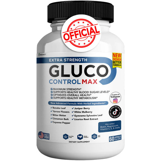 GREENVIFY Gluco Control Max bottle label showcasing natural formula for daily balance