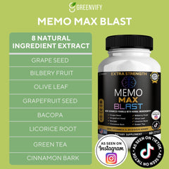 GREENVIFY Memo Max Blast label close-up shows DHA and herbal ingredients.