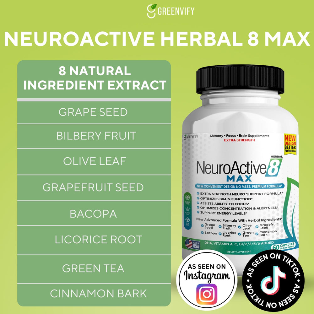 GreenVify NeuroActive 8 Max capsules closeup emphasizing vegan formula.
