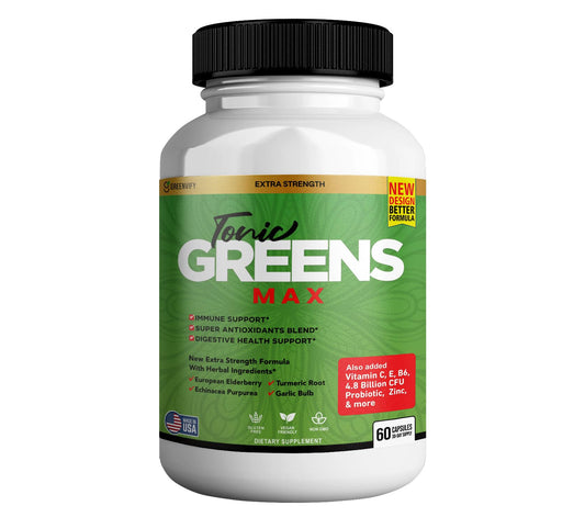 GreenVify Tonic Greens Max bottle front, signaling immune support for daily wellness.