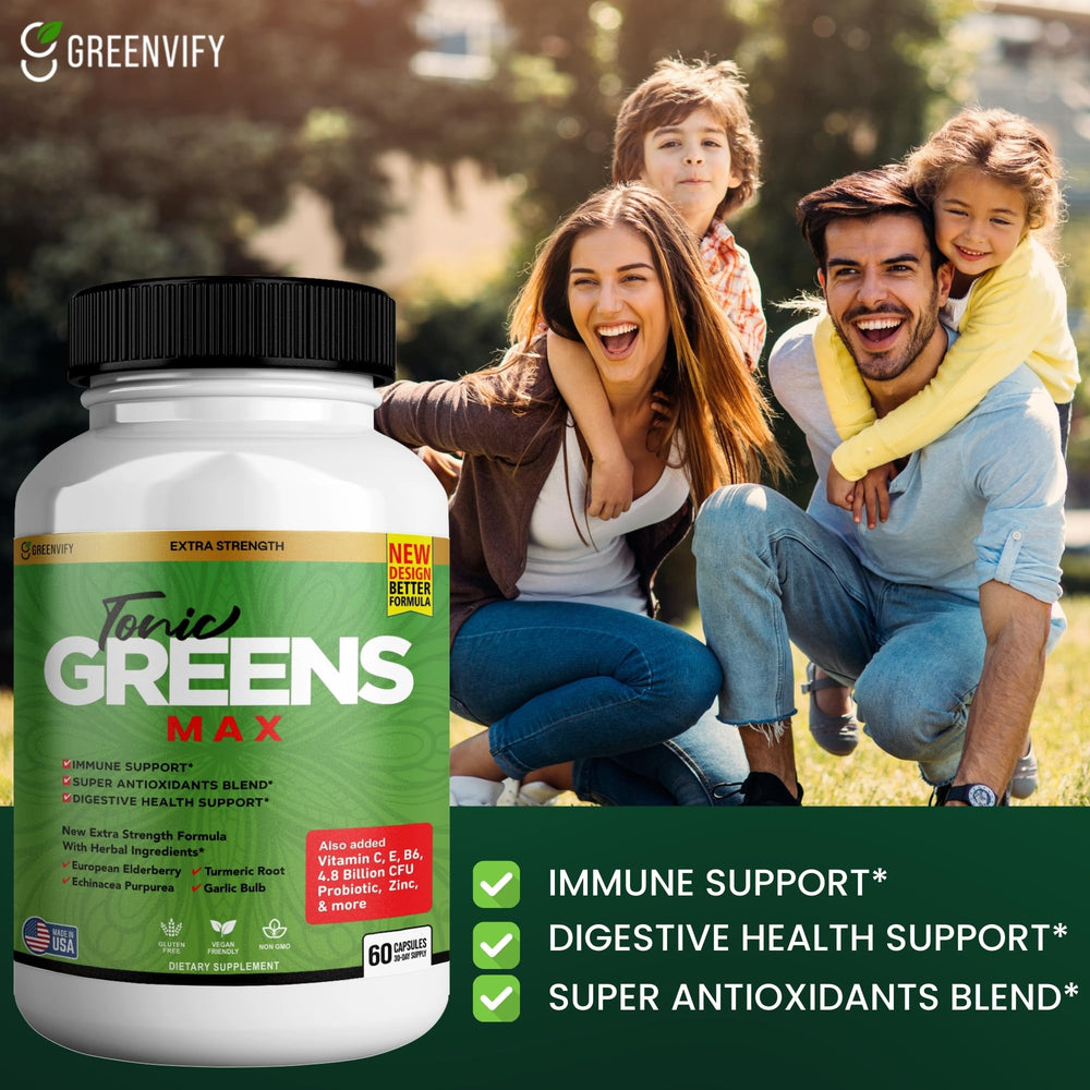 GreenVify Tonic Greens Max packaging and usage directions.