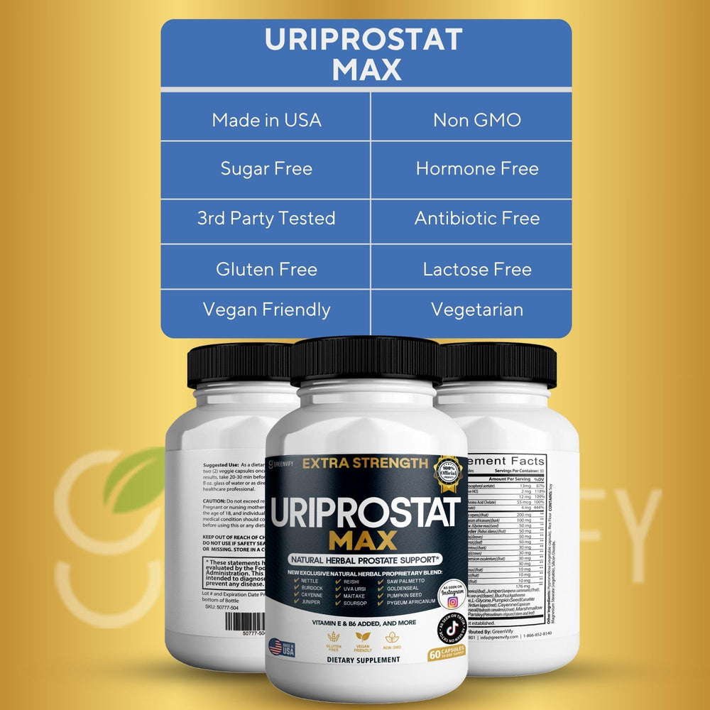 Greenvify Uriprostat Max bottle on table, ready for a daily health routine