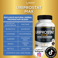 Greenvify Uriprostat Max capsules close-up, emphasizing a two-capsule daily dosage