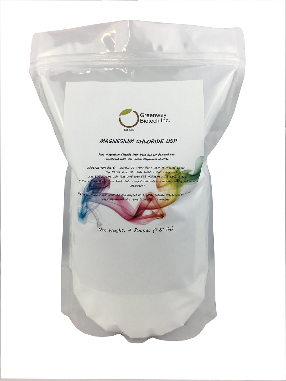 Greenway Biotech magnesium chloride powder in a bottle label for everyday use